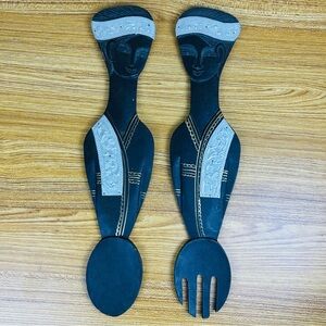 Folk Art Large Decorative Hand-Carved Wood + Metal Figurative Spoon Fork Pair